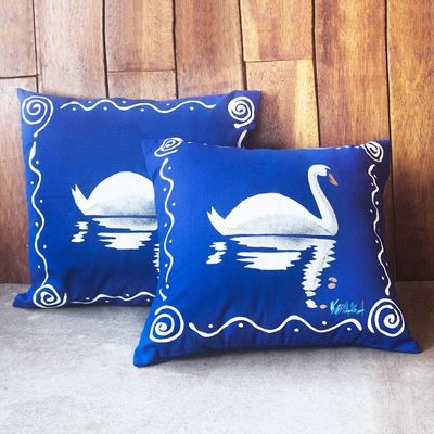 Alternate image for Blue and White Cotton Swan-Motif Cushion Covers Pair Swan Swimming