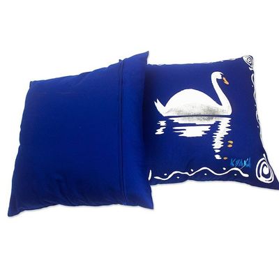 Alternate image for Blue and White Cotton Swan-Motif Cushion Covers Pair Swan Swimming