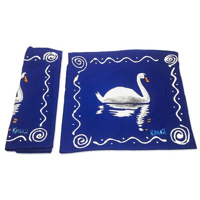 Alternate image for Blue and White Cotton Swan-Motif Cushion Covers Pair Swan Swimming