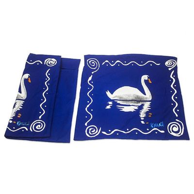 Alternate image for Blue and White Cotton Swan-Motif Cushion Covers Pair Swan Swimming