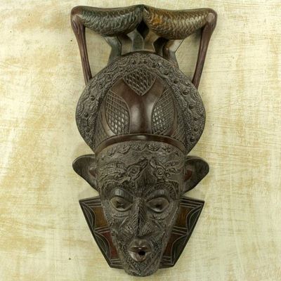Alternate image for Ghana Wood Mask Hand Carved with Birds Bird Perch