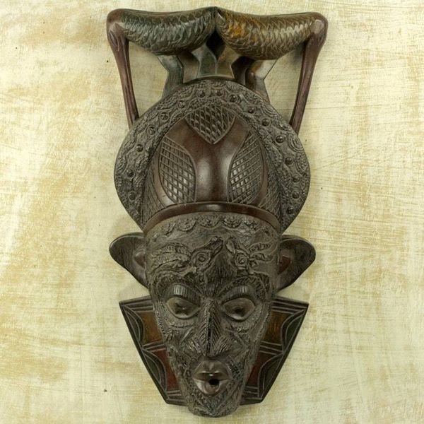 Alternate image for Ghana Wood Mask Hand Carved with Birds Bird Perch