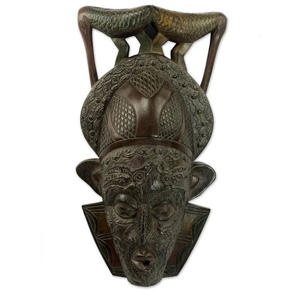 Alternate image for Ghana Wood Mask Hand Carved with Birds Bird Perch