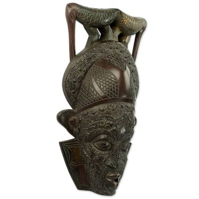 Alternate image for Ghana Wood Mask Hand Carved with Birds Bird Perch