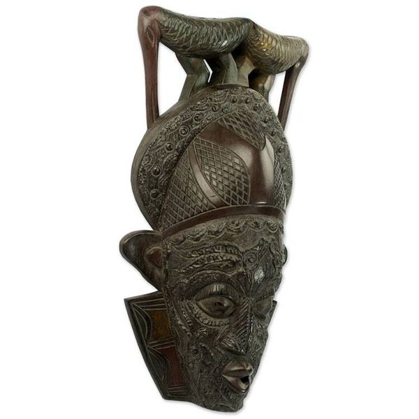Alternate image for Ghana Wood Mask Hand Carved with Birds Bird Perch