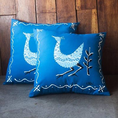 Primary image for Blue Cotton Bird-Motif Cushion Covers Pair Strutting Bird