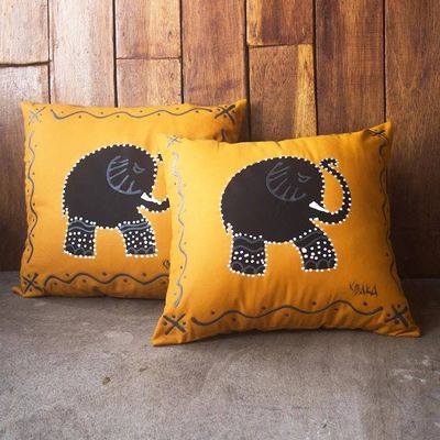 Primary image for Orange Cotton Elephant-Motif Cushion Covers Pair Marigold Elephant