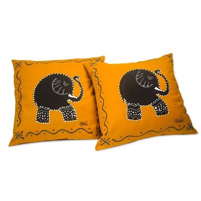 Alternate image for Orange Cotton Elephant-Motif Cushion Covers Pair Marigold Elephant