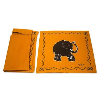 Alternate image for Orange Cotton Elephant-Motif Cushion Covers Pair Marigold Elephant