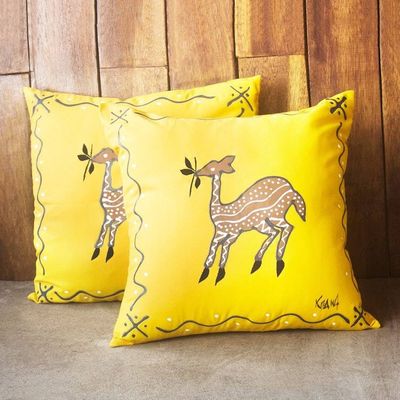 Primary image for Artisan Crafted Antelope-Motif Cotton Cushion Covers Pair Prancing Deer