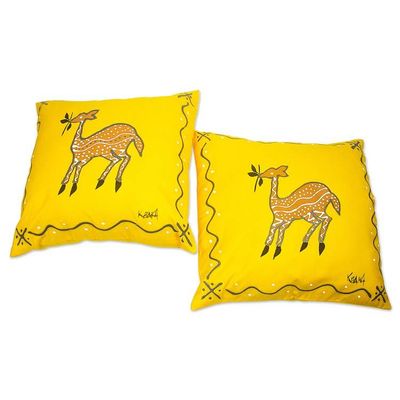 Alternate image for Artisan Crafted Antelope-Motif Cotton Cushion Covers Pair Prancing Deer