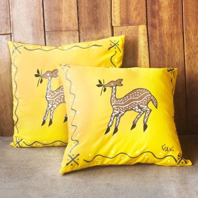 Alternate image for Artisan Crafted Antelope-Motif Cotton Cushion Covers Pair Prancing Deer