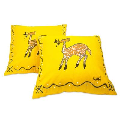 Alternate image for Artisan Crafted Antelope-Motif Cotton Cushion Covers Pair Prancing Deer