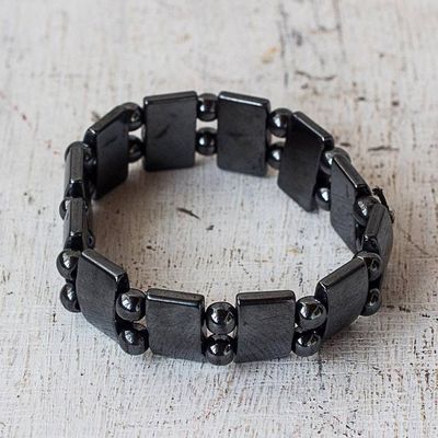 Alternate image for Rectangular and Round Hematite Bead Stretch Bracelet Shimmer and Sheen