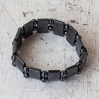 Alternate image for Rectangular and Round Hematite Bead Stretch Bracelet Shimmer and Sheen