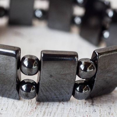 Alternate image for Rectangular and Round Hematite Bead Stretch Bracelet Shimmer and Sheen
