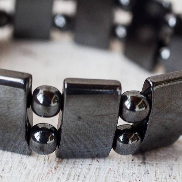 Alternate image for Rectangular and Round Hematite Bead Stretch Bracelet Shimmer and Sheen