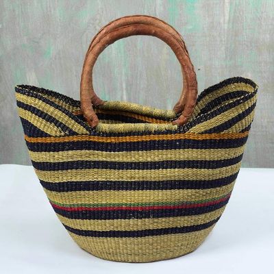 Primary image for Striped Raffia and Leather-Accented Basket from Ghana Striped Sunday