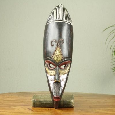 Alternate image for Handmade African Wood Mask with Embossed Metal Accents Hausa Monkey Face