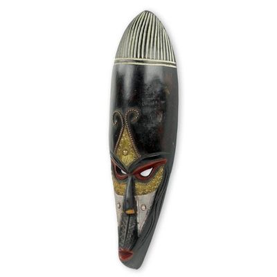 Alternate image for Handmade African Wood Mask with Embossed Metal Accents Hausa Monkey Face
