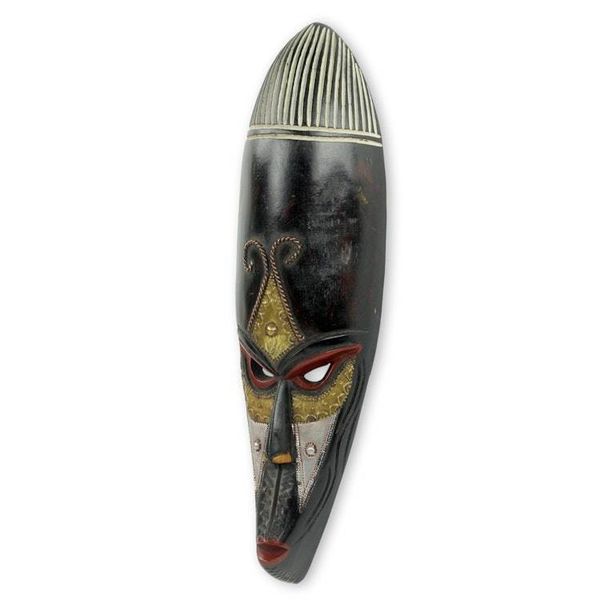 Alternate image for Handmade African Wood Mask with Embossed Metal Accents Hausa Monkey Face