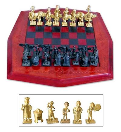 Alternate image for Leather and Brass Tribal Chess Set Handcrafted in Ghana Tribal Warfare