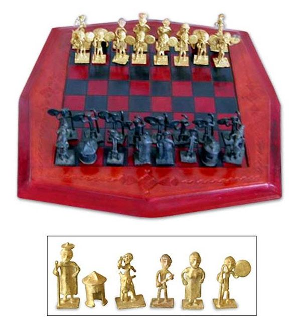Alternate image for Leather and Brass Tribal Chess Set Handcrafted in Ghana Tribal Warfare