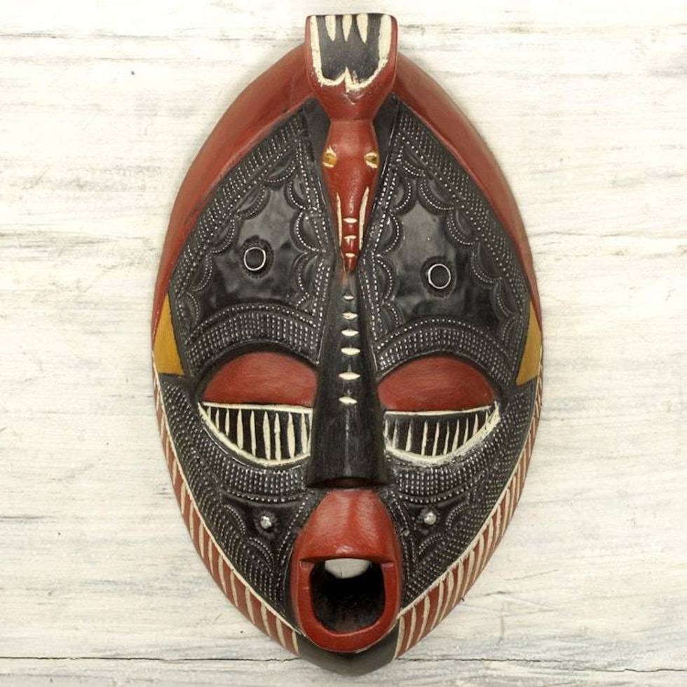 Aluminum and Sese Wood African Carved Mask of a Town Crier 'The Town Crier'