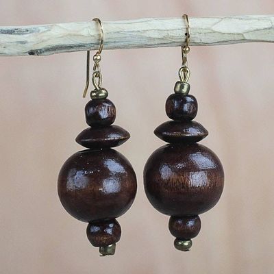 Alternate image for Brown Wood Disc and Round Bead Dangle Earrings from Ghana Casually Elegant