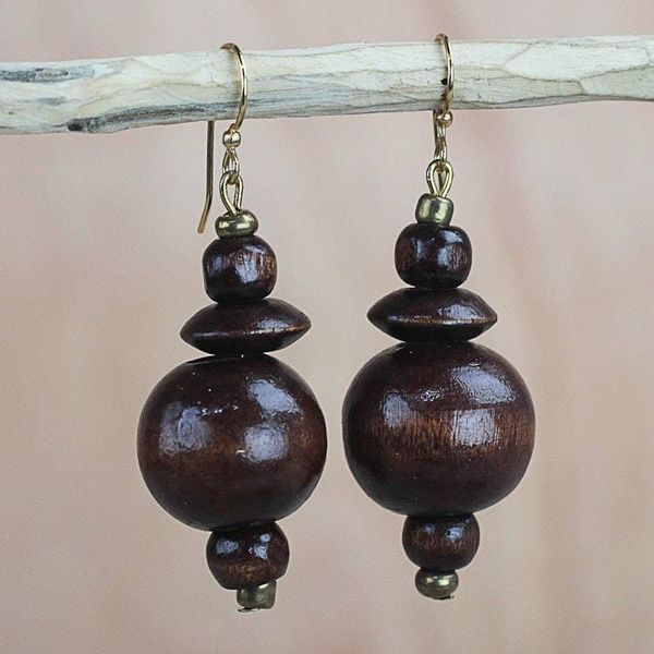 Alternate image for Brown Wood Disc and Round Bead Dangle Earrings from Ghana Casually Elegant