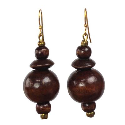 Alternate image for Brown Wood Disc and Round Bead Dangle Earrings from Ghana Casually Elegant