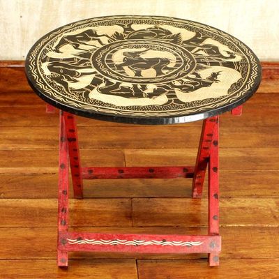 Alternate image for Sese Wood Ghanaian Folding Table with Elephants and Gazelles African Grasslands
