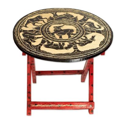 Alternate image for Sese Wood Ghanaian Folding Table with Elephants and Gazelles African Grasslands