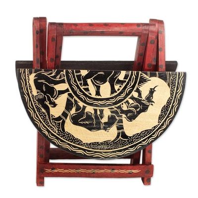 Alternate image for Sese Wood Ghanaian Folding Table with Elephants and Gazelles African Grasslands