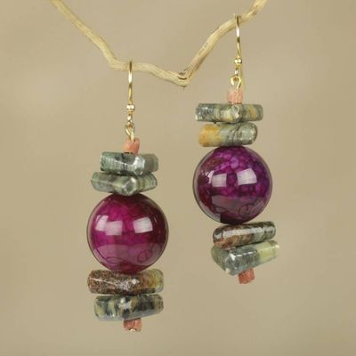 Alternate image for Purple Agate and Soapstone Beaded Earrings from Ghana Oboafo Ye Na