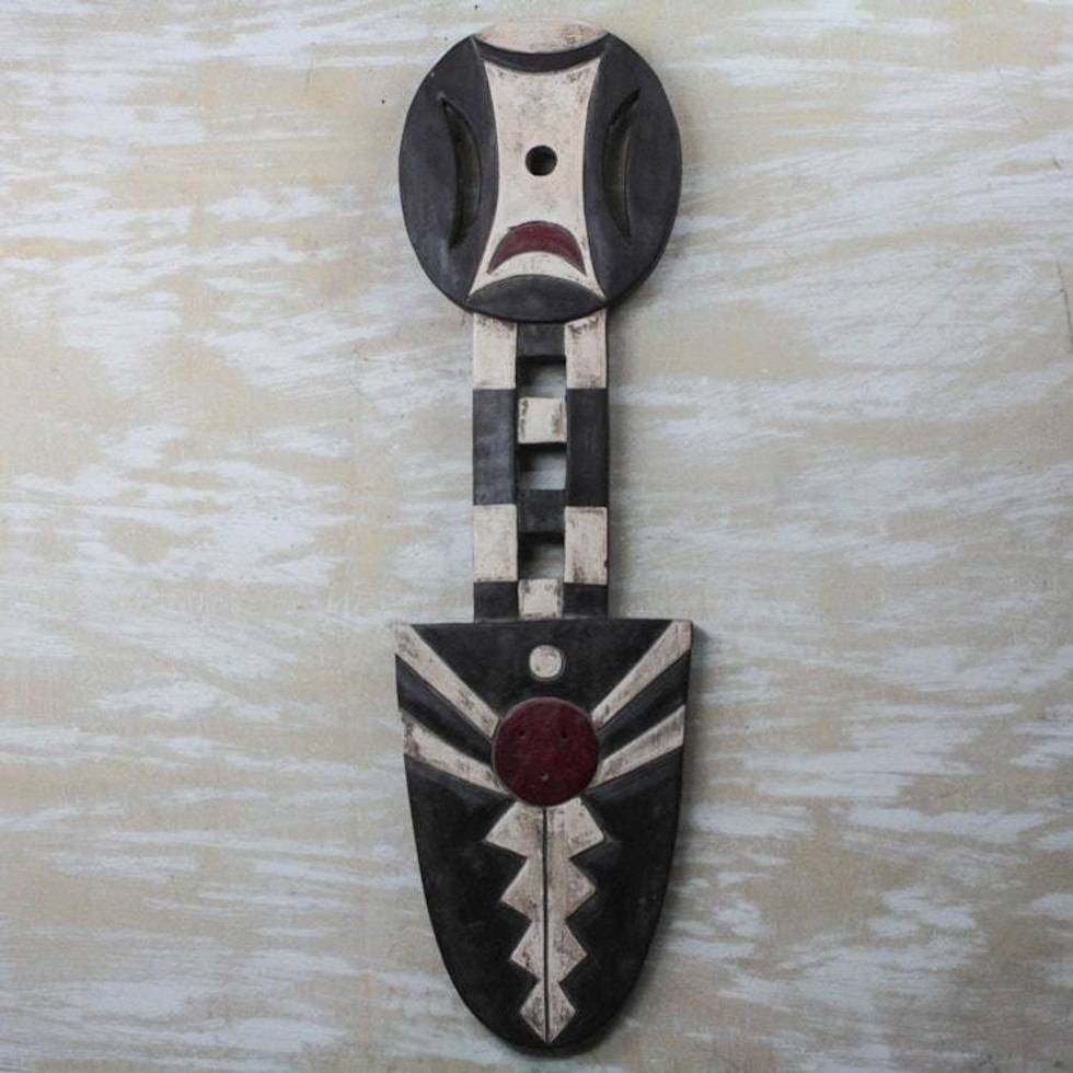 Brown and Off-White African Wood Decorative Wall Mask 'Dynamic Power'