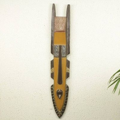 Alternate image for Long Yellow Hand Carved African Wood Wall Mask Wishes Come True