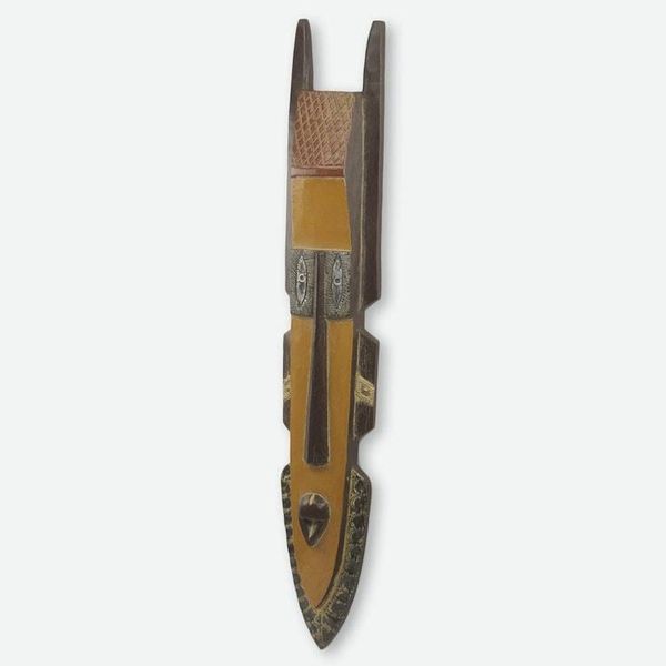 Alternate image for Long Yellow Hand Carved African Wood Wall Mask Wishes Come True