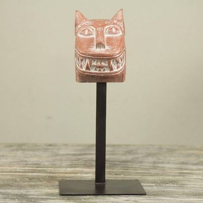 Alternate image for Wild Cat African Mask Sculpture with Stand Fierce Leopard