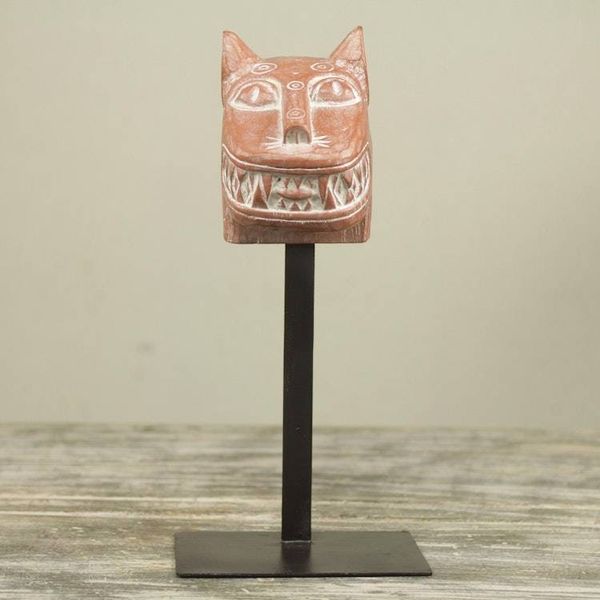 Alternate image for Wild Cat African Mask Sculpture with Stand Fierce Leopard