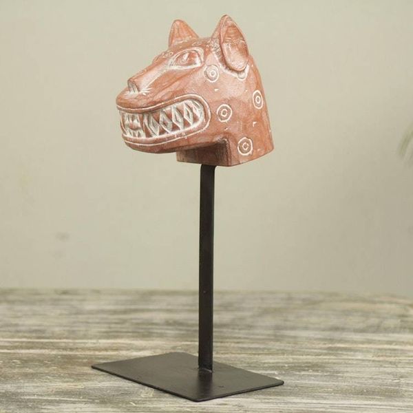 Alternate image for Wild Cat African Mask Sculpture with Stand Fierce Leopard