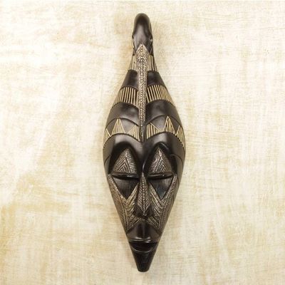 Alternate image for Hand Carved Black Sese Wood Wall Mask with Bird from Ghana Back to My Roots