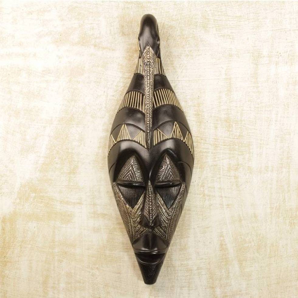 Hand Carved Black Sese Wood Wall Mask with Bird from Ghana 'Back to My Roots'