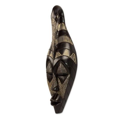 Alternate image for Hand Carved Black Sese Wood Wall Mask with Bird from Ghana Back to My Roots