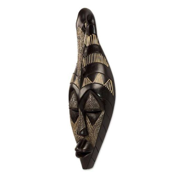 Alternate image for Hand Carved Black Sese Wood Wall Mask with Bird from Ghana Back to My Roots