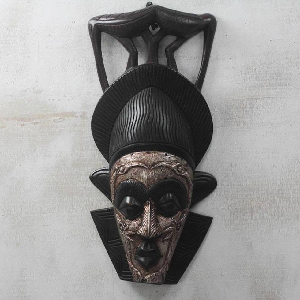 Bird-Themed African Wood and Aluminum Mask from Ghana 'Two Birds'