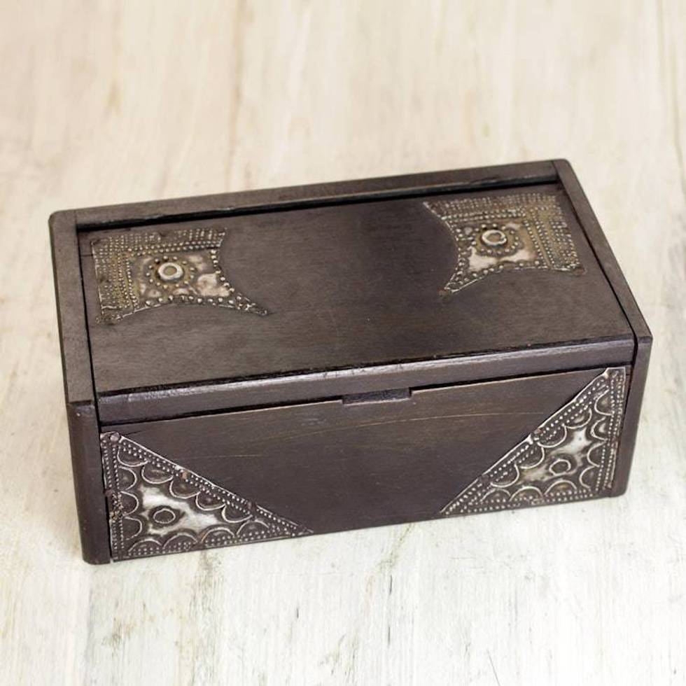 Hand-Carved Wood West African Box with Aluminum Trim 'Sika Korkoo Kwarbia I'