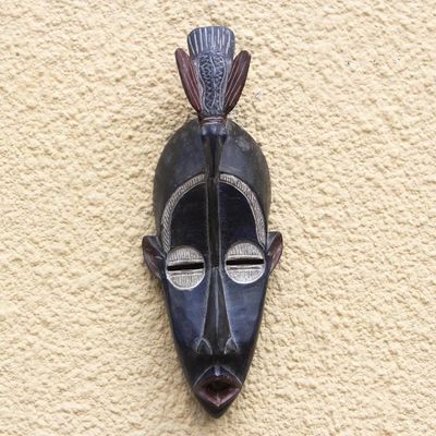 Alternate image for Bird-Themed African Wood Mask in Black from Ghana Striking Bird