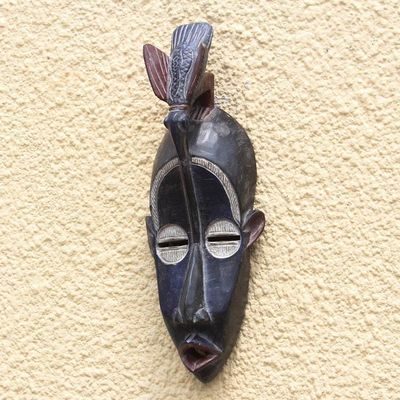Alternate image for Bird-Themed African Wood Mask in Black from Ghana Striking Bird