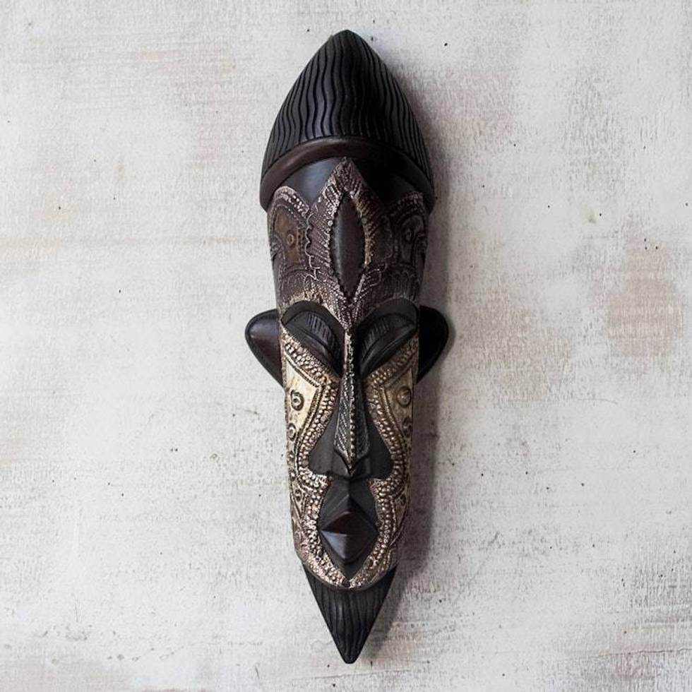 Handcrafted Sese Wood and Aluminum African Mask from Ghana 'Have Patience'